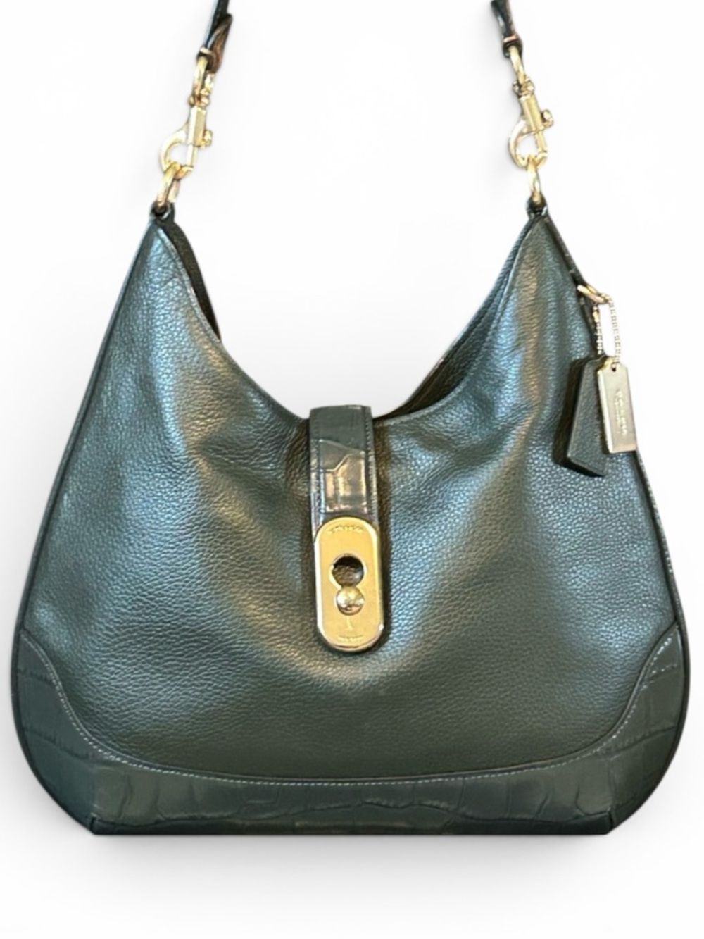 COACH Amber Pebble and Exotic Leather Hobo Shoulder Bag in Ivy